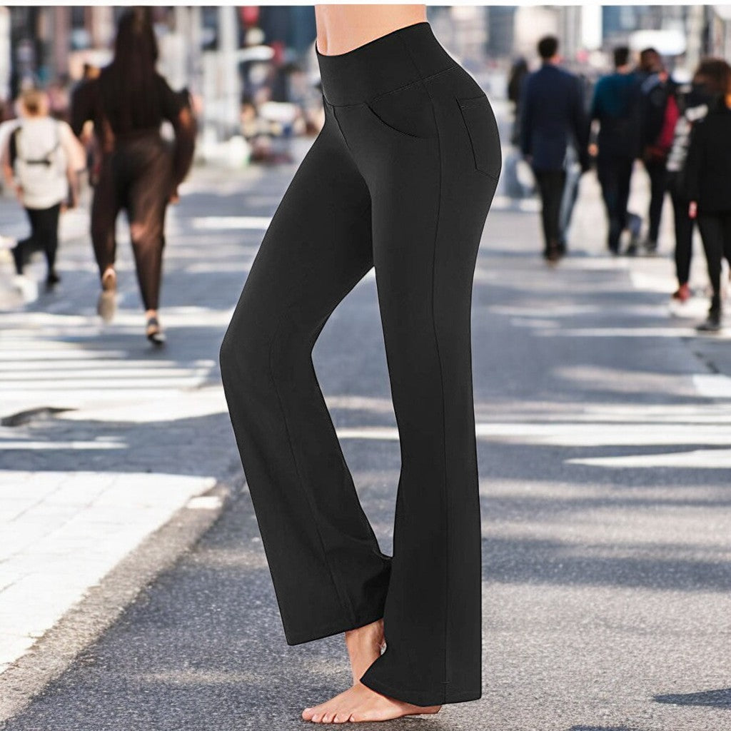 Damehøjbuksede sorte bootcut yogabukser, blødt og åndbart materiale, behagelig pasform til træning.