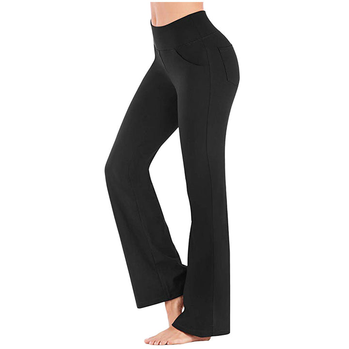 Damehøjbuksede sorte bootcut yogabukser, blødt og åndbart materiale, behagelig pasform til træning.