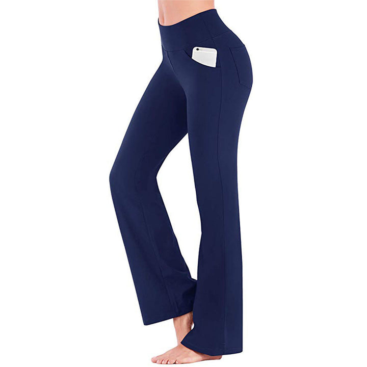 Damehøjbuksede sorte bootcut yogabukser, blødt og åndbart materiale, behagelig pasform til træning.