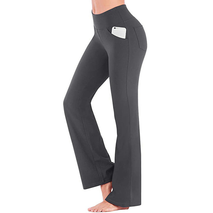 Damehøjbuksede sorte bootcut yogabukser, blødt og åndbart materiale, behagelig pasform til træning.