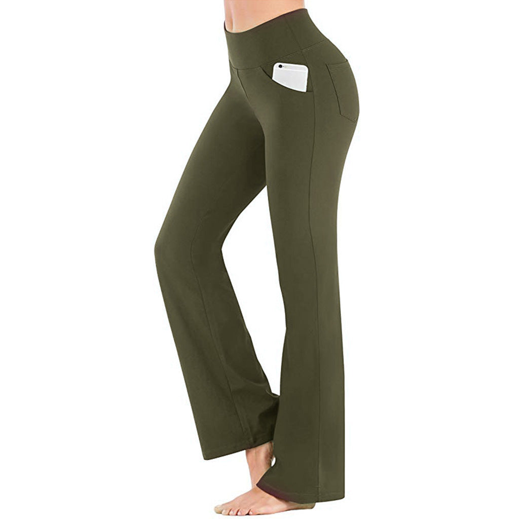 Damehøjbuksede sorte bootcut yogabukser, blødt og åndbart materiale, behagelig pasform til træning.