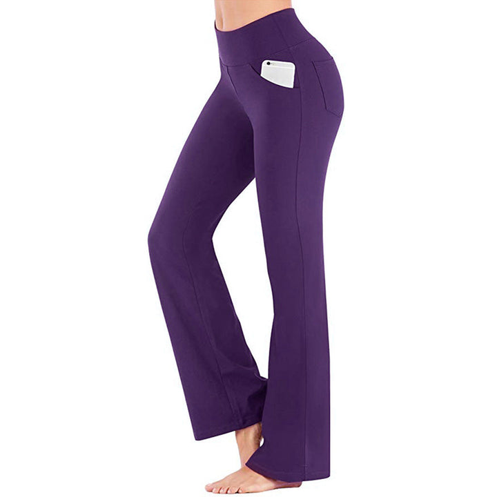 Damehøjbuksede sorte bootcut yogabukser, blødt og åndbart materiale, behagelig pasform til træning.