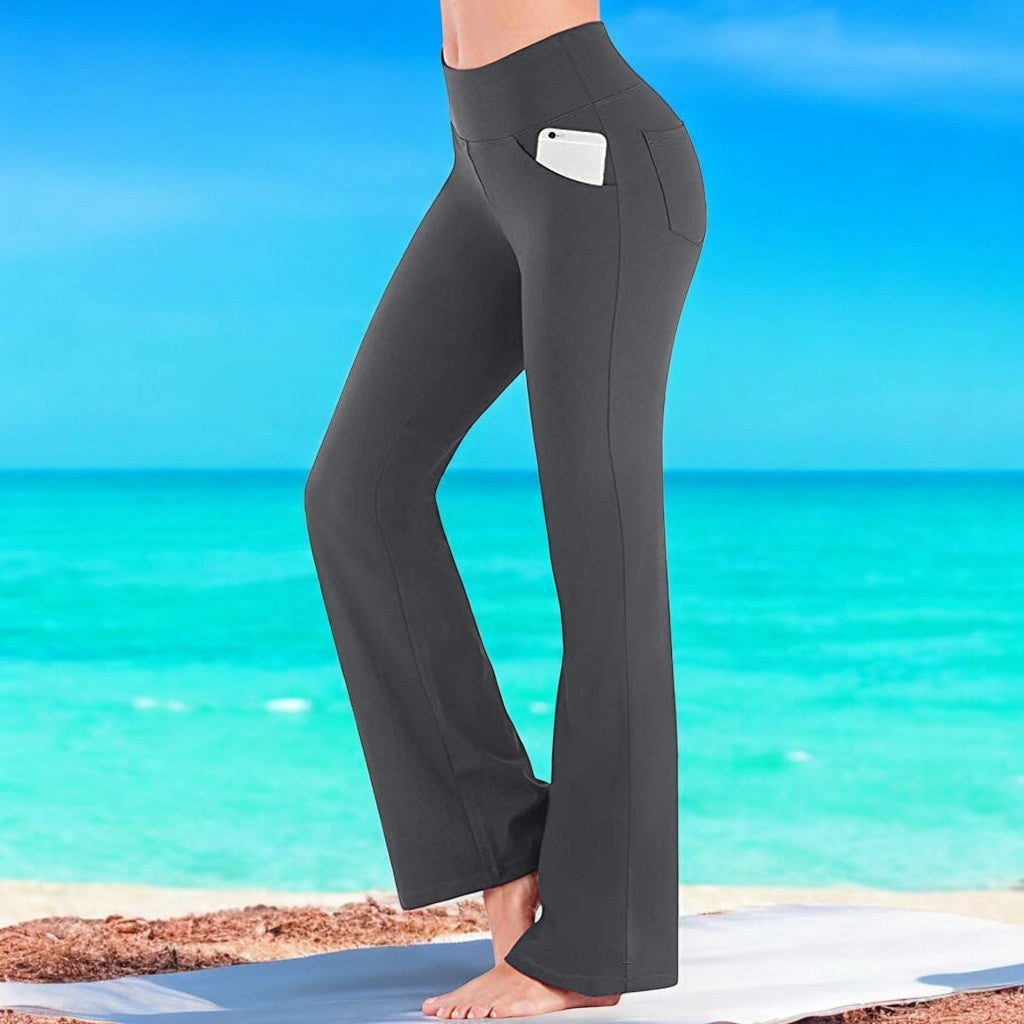 Damehøjbuksede sorte bootcut yogabukser, blødt og åndbart materiale, behagelig pasform til træning.