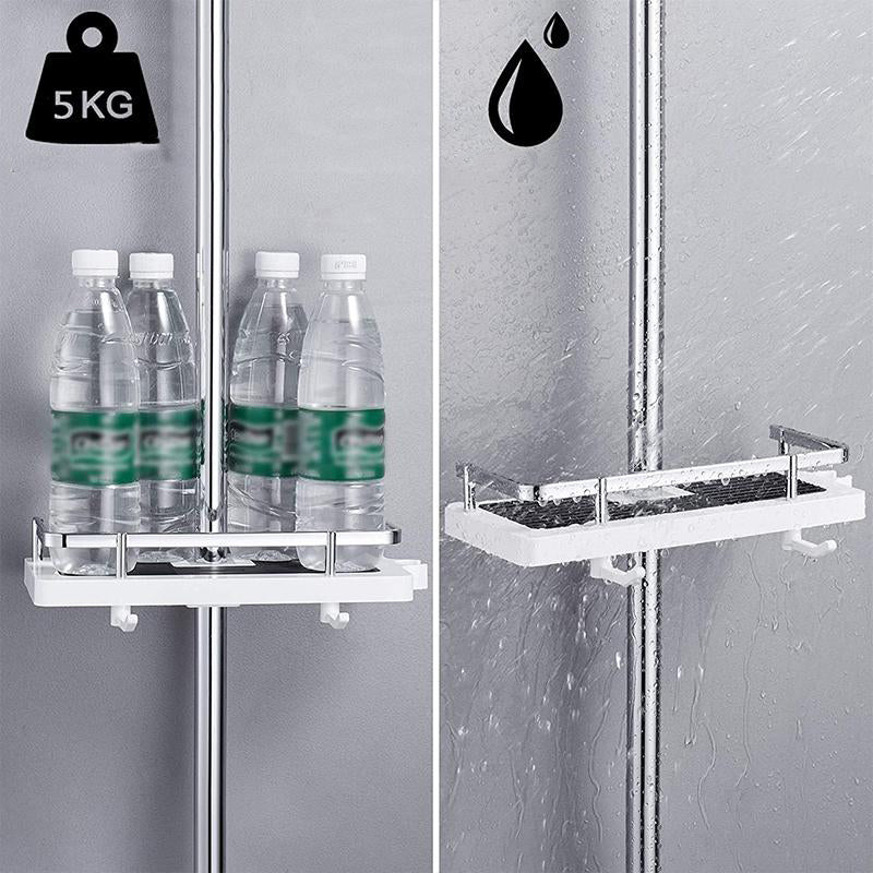 Korrektionsbestandig ABS-aluminium brusehylle, justerbar højde, nem hurtigmontering og rustfri sikkerhedsskinne.
