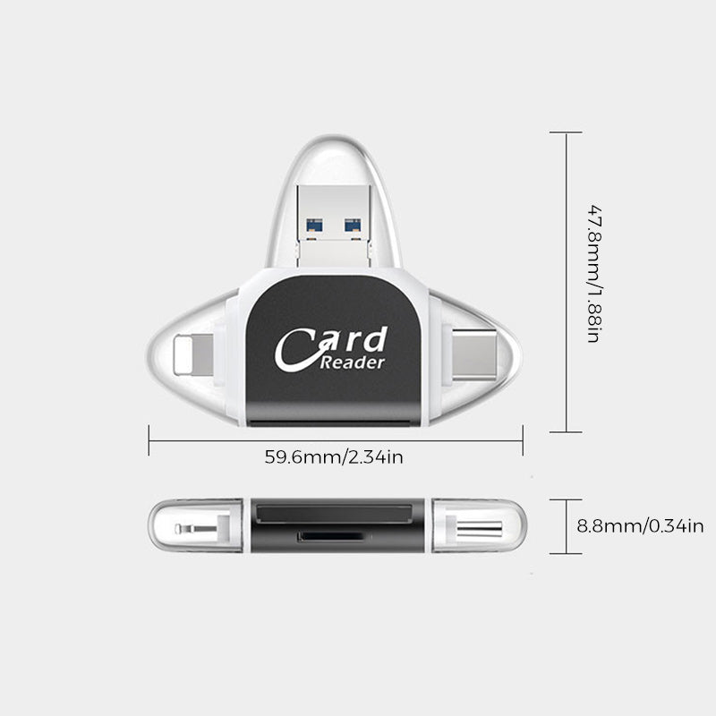 "Kortinlukija, jossa USB, USB-C, Micro USB, Lightning-portit; kompakti koko ja kannettava muotoilu tekevät käytöstä helppoa."