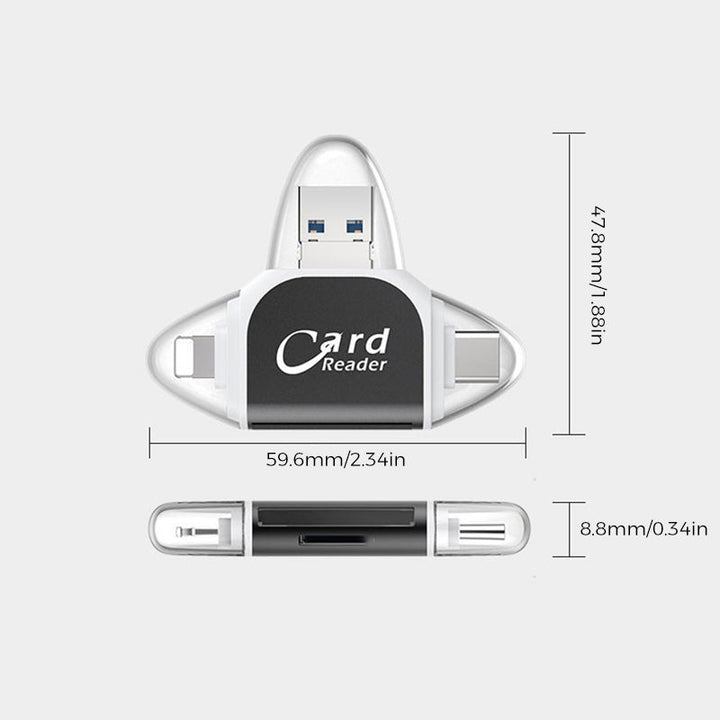 "Kortinlukija, jossa USB, USB-C, Micro USB, Lightning-portit; kompakti koko ja kannettava muotoilu tekevät käytöstä helppoa."