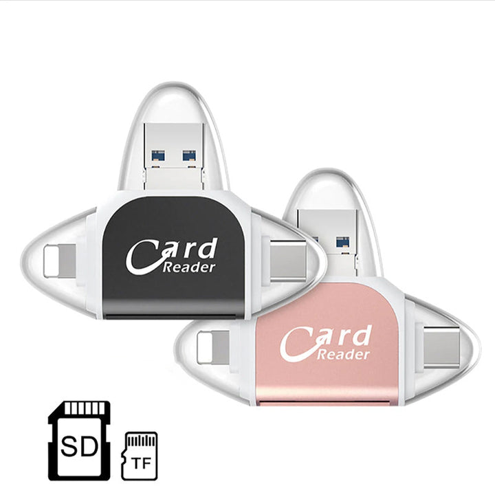 "Kortinlukija, jossa USB, USB-C, Micro USB, Lightning-portit; kompakti koko ja kannettava muotoilu tekevät käytöstä helppoa."