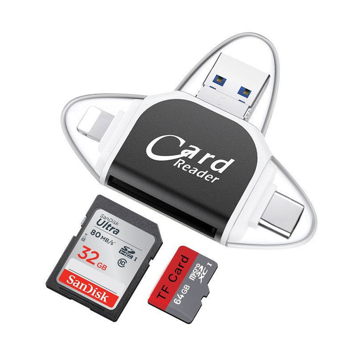 "Kortinlukija, jossa USB, USB-C, Micro USB, Lightning-portit; kompakti koko ja kannettava muotoilu tekevät käytöstä helppoa."