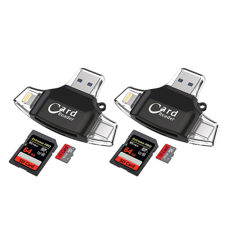 "Kortinlukija, jossa USB, USB-C, Micro USB, Lightning-portit; kompakti koko ja kannettava muotoilu tekevät käytöstä helppoa."