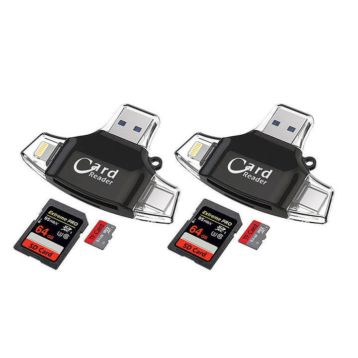 "Kortinlukija, jossa USB, USB-C, Micro USB, Lightning-portit; kompakti koko ja kannettava muotoilu tekevät käytöstä helppoa."