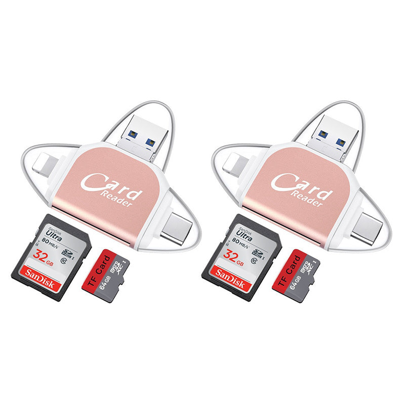 "Kortinlukija, jossa USB, USB-C, Micro USB, Lightning-portit; kompakti koko ja kannettava muotoilu tekevät käytöstä helppoa."
