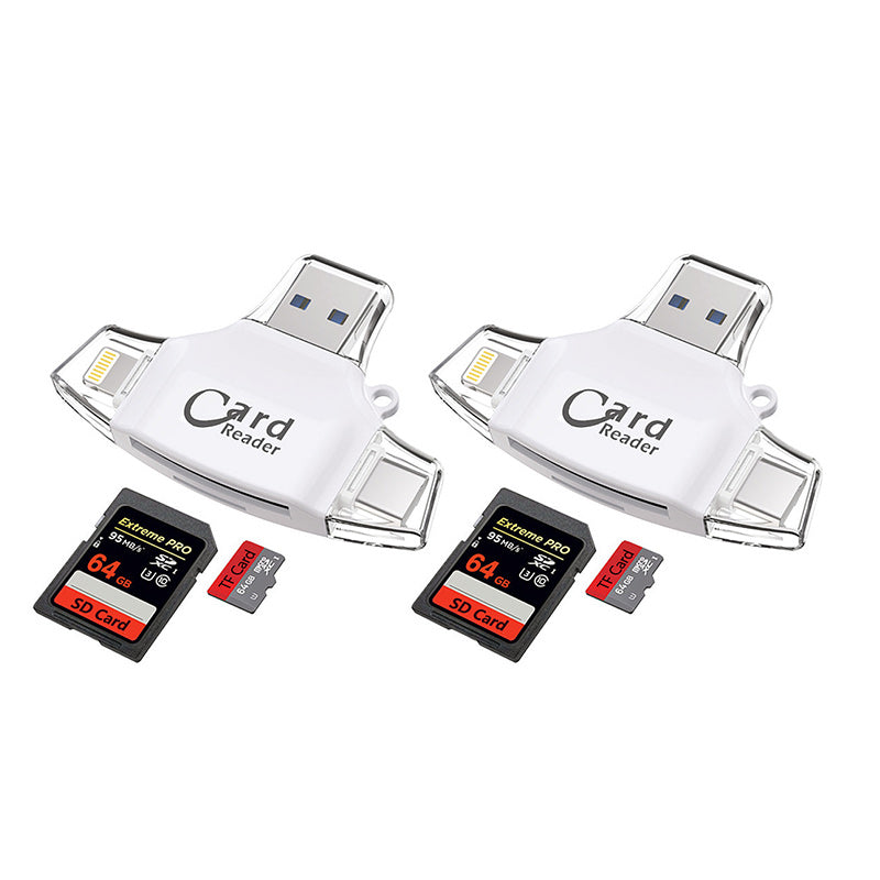 "Kortinlukija, jossa USB, USB-C, Micro USB, Lightning-portit; kompakti koko ja kannettava muotoilu tekevät käytöstä helppoa."
