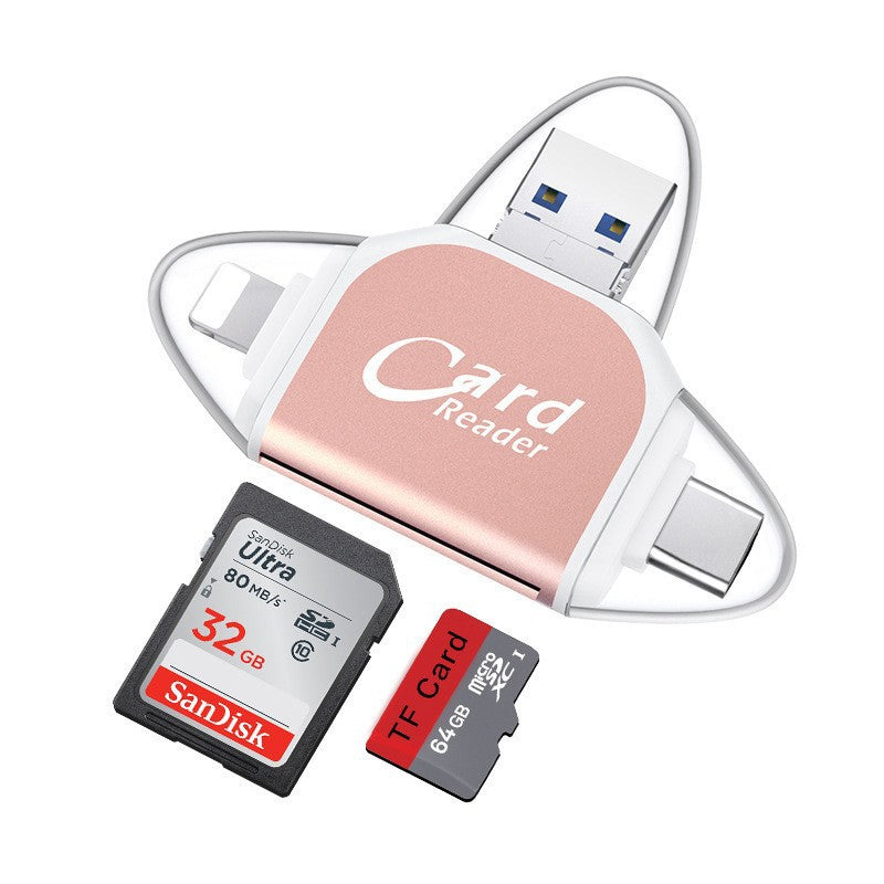 "Kortinlukija, jossa USB, USB-C, Micro USB, Lightning-portit; kompakti koko ja kannettava muotoilu tekevät käytöstä helppoa."