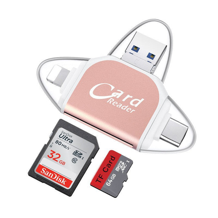 "Kortinlukija, jossa USB, USB-C, Micro USB, Lightning-portit; kompakti koko ja kannettava muotoilu tekevät käytöstä helppoa."
