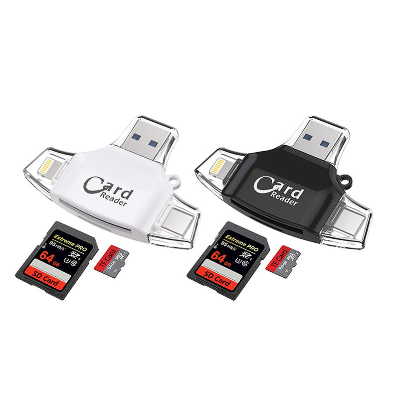 "Kortinlukija, jossa USB, USB-C, Micro USB, Lightning-portit; kompakti koko ja kannettava muotoilu tekevät käytöstä helppoa."