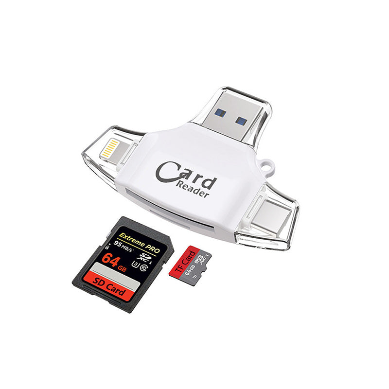 "Kortinlukija, jossa USB, USB-C, Micro USB, Lightning-portit; kompakti koko ja kannettava muotoilu tekevät käytöstä helppoa."