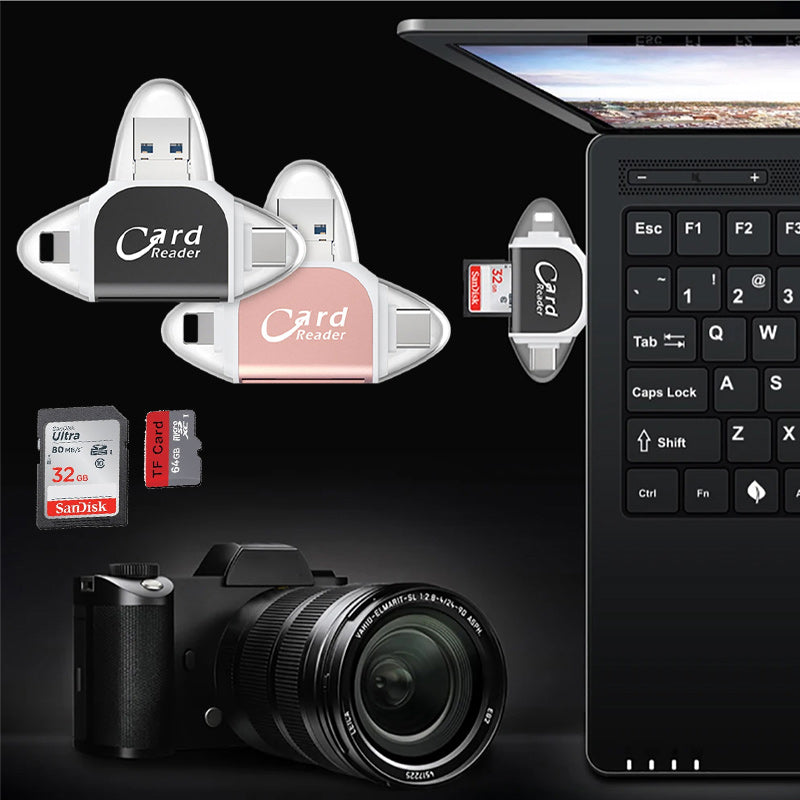 "Kortinlukija, jossa USB, USB-C, Micro USB, Lightning-portit; kompakti koko ja kannettava muotoilu tekevät käytöstä helppoa."