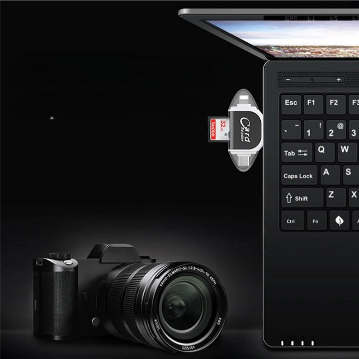"Kortinlukija, jossa USB, USB-C, Micro USB, Lightning-portit; kompakti koko ja kannettava muotoilu tekevät käytöstä helppoa."