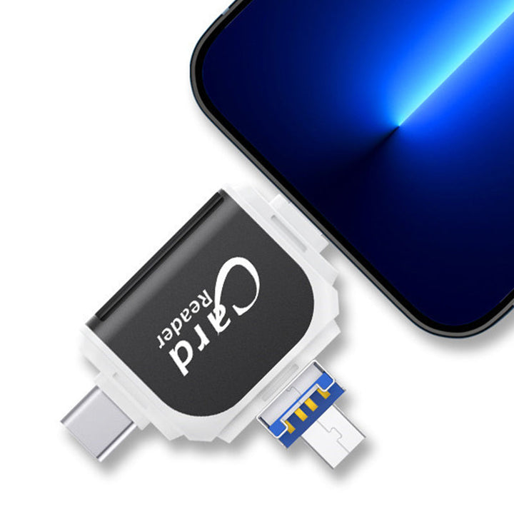 "Kortinlukija, jossa USB, USB-C, Micro USB, Lightning-portit; kompakti koko ja kannettava muotoilu tekevät käytöstä helppoa."