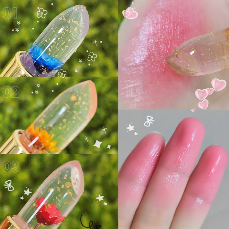 Dame Klar Crystal Blomster Læbepomade med Farveændringseffekt, klar pind med blomsterkerne, skønhedsprodukt til læberne.