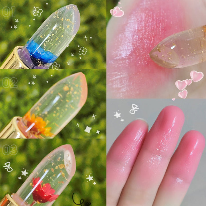 Dame Klar Crystal Blomster Læbepomade med Farveændringseffekt, klar pind med blomsterkerne, skønhedsprodukt til læberne.