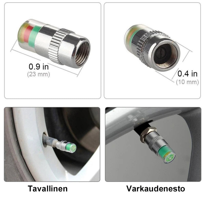 Krom dæktryksensor til bil, holdbar og minimalistisk, med trefarvet display, egnet til dæktryksmåling.