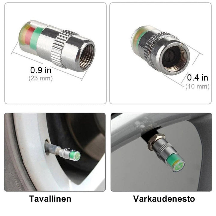 Krom dæktryksensor til bil, holdbar og minimalistisk, med trefarvet display, egnet til dæktryksmåling.