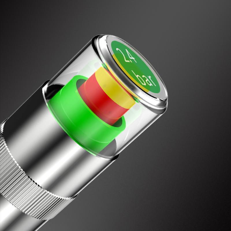 Krom dæktryksensor til bil, holdbar og minimalistisk, med trefarvet display, egnet til dæktryksmåling.