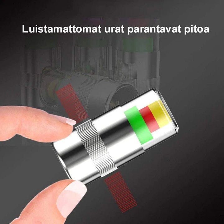 Krom dæktryksensor til bil, holdbar og minimalistisk, med trefarvet display, egnet til dæktryksmåling.
