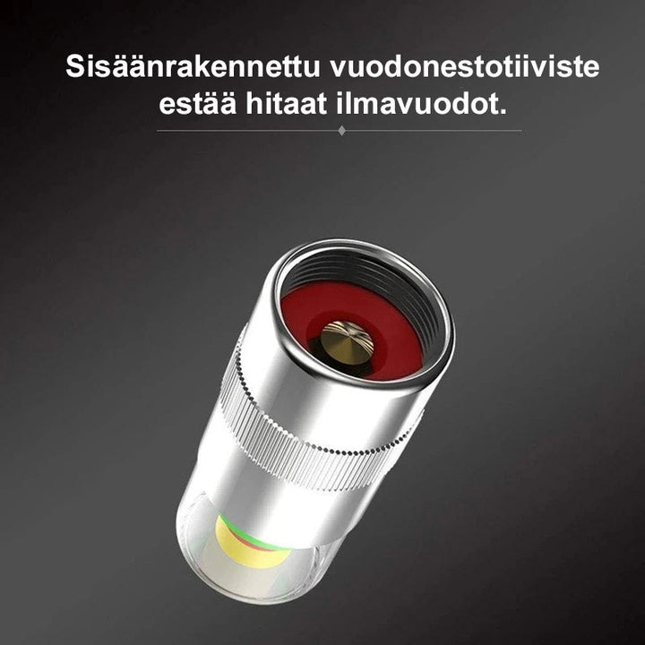 Krom dæktryksensor til bil, holdbar og minimalistisk, med trefarvet display, egnet til dæktryksmåling.