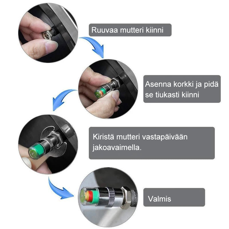 Krom dæktryksensor til bil, holdbar og minimalistisk, med trefarvet display, egnet til dæktryksmåling.