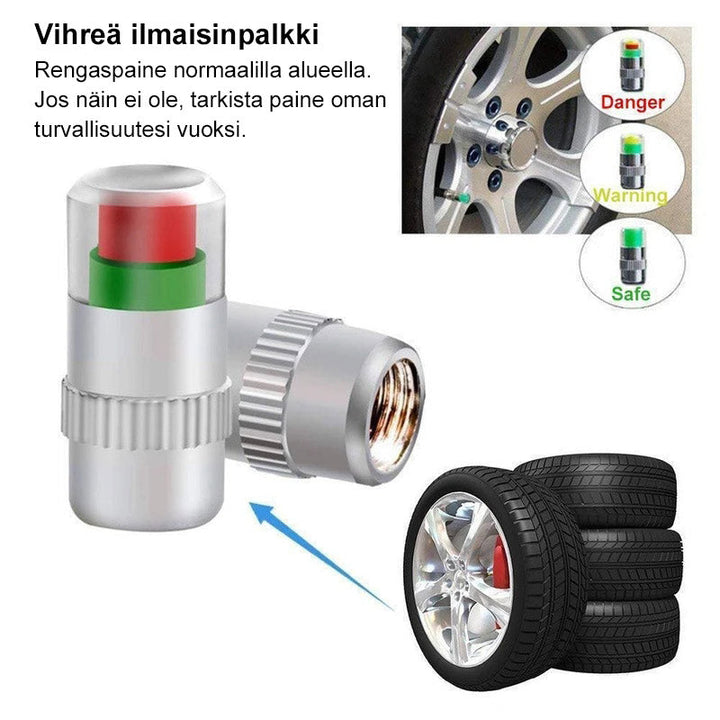 Krom dæktryksensor til bil, holdbar og minimalistisk, med trefarvet display, egnet til dæktryksmåling.