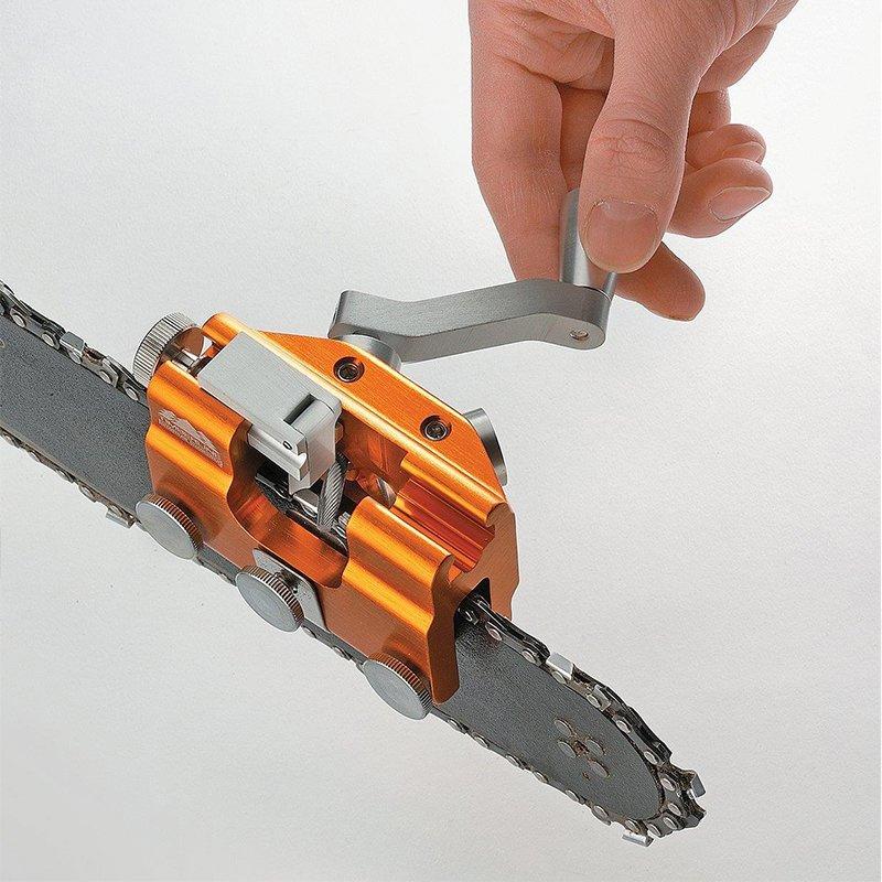 Manuel kædesliber til motorsav, effektiv anodiseret aluminium, kompakt, passer til alle motorsave.