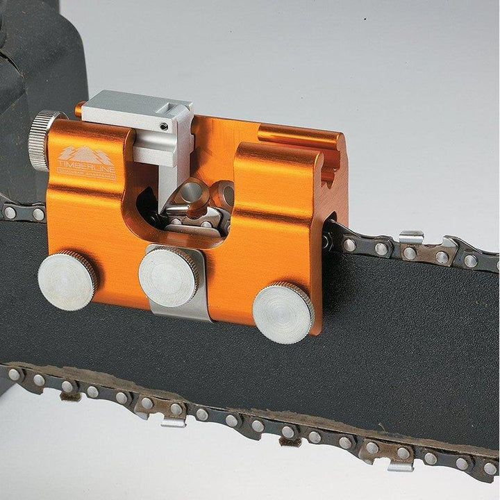 Manuel kædesliber til motorsav, effektiv anodiseret aluminium, kompakt, passer til alle motorsave.