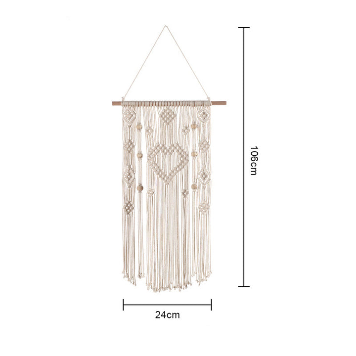 Håndlavet boheme vægtæppe i bomuld, detaljeret frynse og geometrisk design, naturhvid farve.