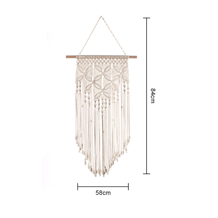 Håndlavet boheme vægtæppe i bomuld, detaljeret frynse og geometrisk design, naturhvid farve.