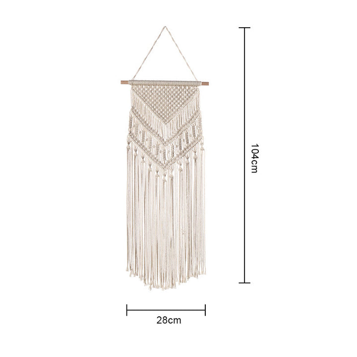 Håndlavet boheme vægtæppe i bomuld, detaljeret frynse og geometrisk design, naturhvid farve.