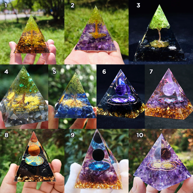 Håndlaget orgonittpyramide for meditasjon, ametyst-farget, energibalansering, hjemmedekorasjon, harmoniserende energi.
