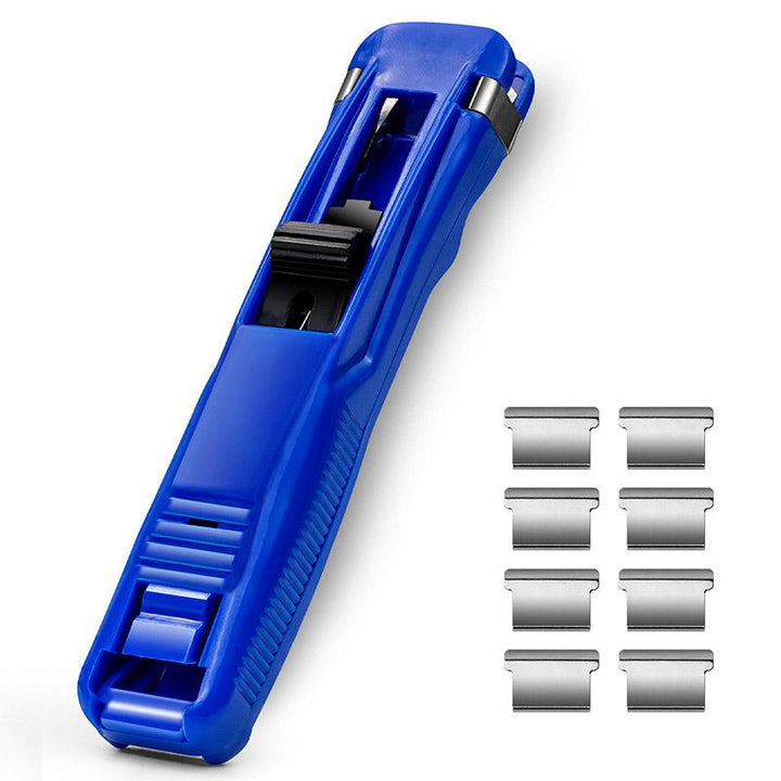 Praktisk flerfarvet papirclips-pistol, ergonomisk design, justerbare gennemsigtige og blå stropper, plastik og metal