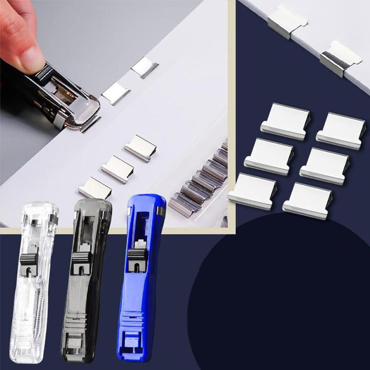 Praktisk flerfarvet papirclips-pistol, ergonomisk design, justerbare gennemsigtige og blå stropper, plastik og metal