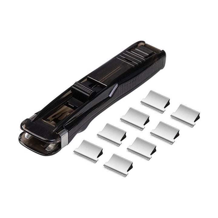 Praktisk flerfarvet papirclips-pistol, ergonomisk design, justerbare gennemsigtige og blå stropper, plastik og metal