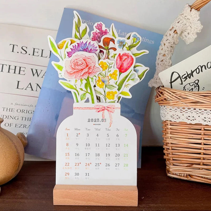 Blomstrende skrivebordskalender 2024 med farverige blomstermønstre, på holdbar træstand, elegant dekoration til hjemmet eller kontoret