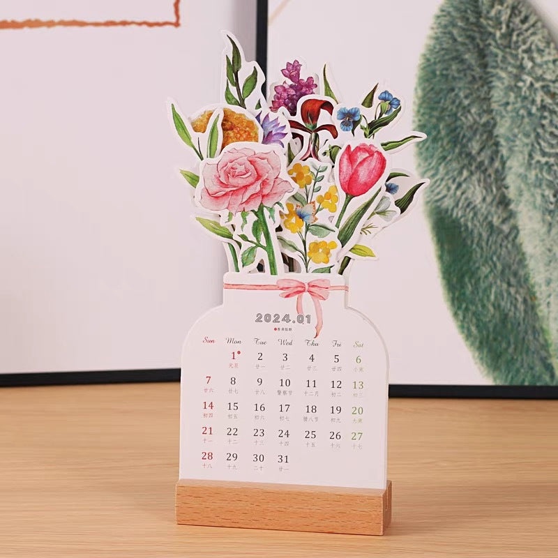 Blomstrende skrivebordskalender 2024 med farverige blomstermønstre, på holdbar træstand, elegant dekoration til hjemmet eller kontoret