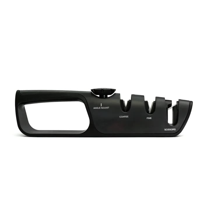 Justerbar sort knivsliber til køkkenredskaber, ergonomisk design og skridsikker bund.
