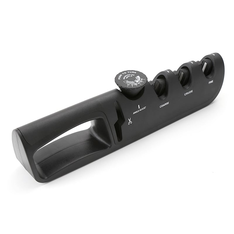 Justerbar sort knivsliber til køkkenredskaber, ergonomisk design og skridsikker bund.