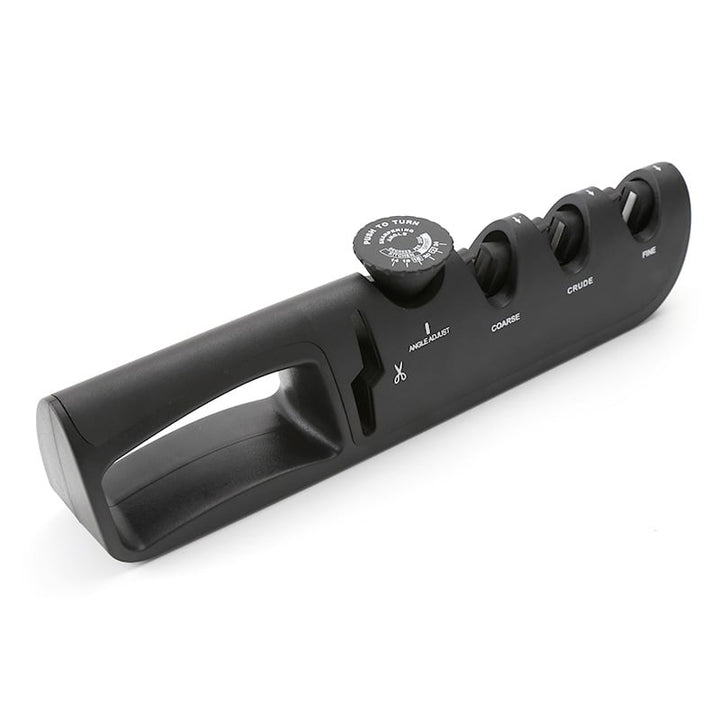 Justerbar sort knivsliber til køkkenredskaber, ergonomisk design og skridsikker bund.