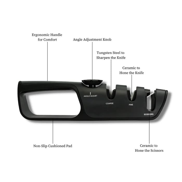 Justerbar sort knivsliber til køkkenredskaber, ergonomisk design og skridsikker bund.