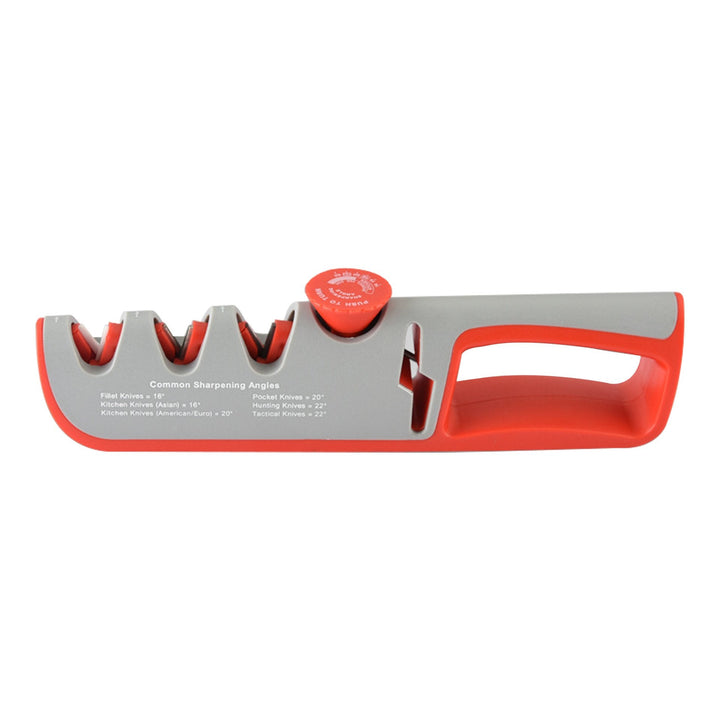 Justerbar sort knivsliber til køkkenredskaber, ergonomisk design og skridsikker bund.