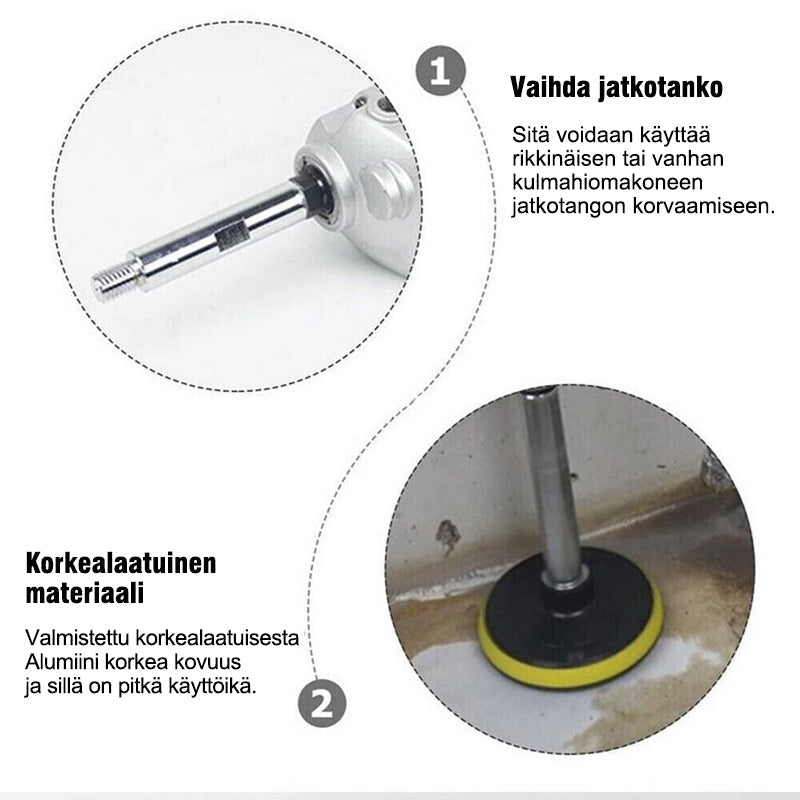 "Kulmahiomakoneen jatke M14, alumiiniseos, hopea, kestävä ja tarkka, parantaa suorituskykyä ahtaissa paikoissa."