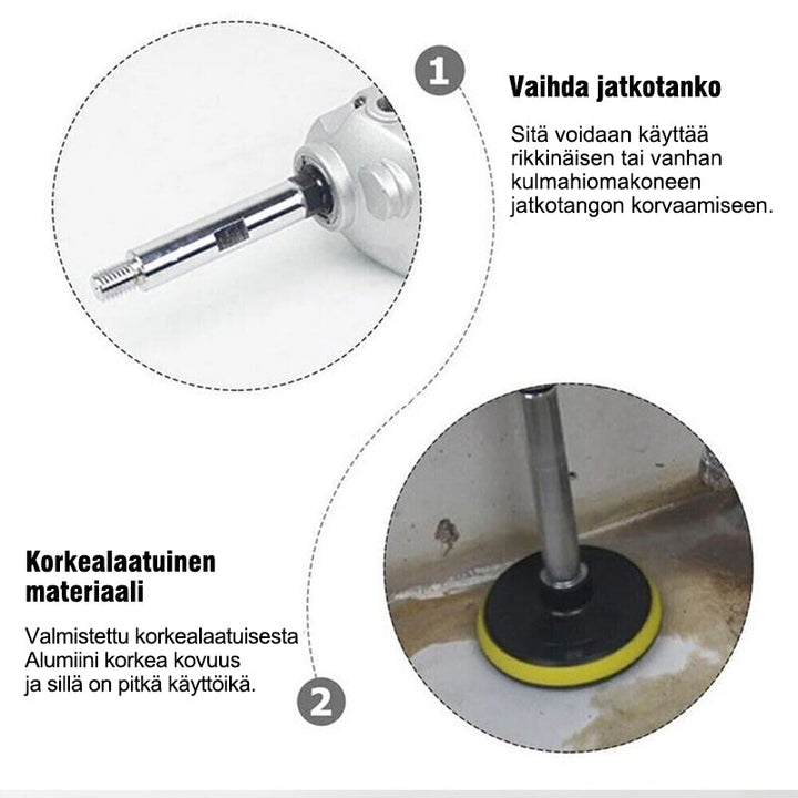 "Kulmahiomakoneen jatke M14, alumiiniseos, hopea, kestävä ja tarkka, parantaa suorituskykyä ahtaissa paikoissa."